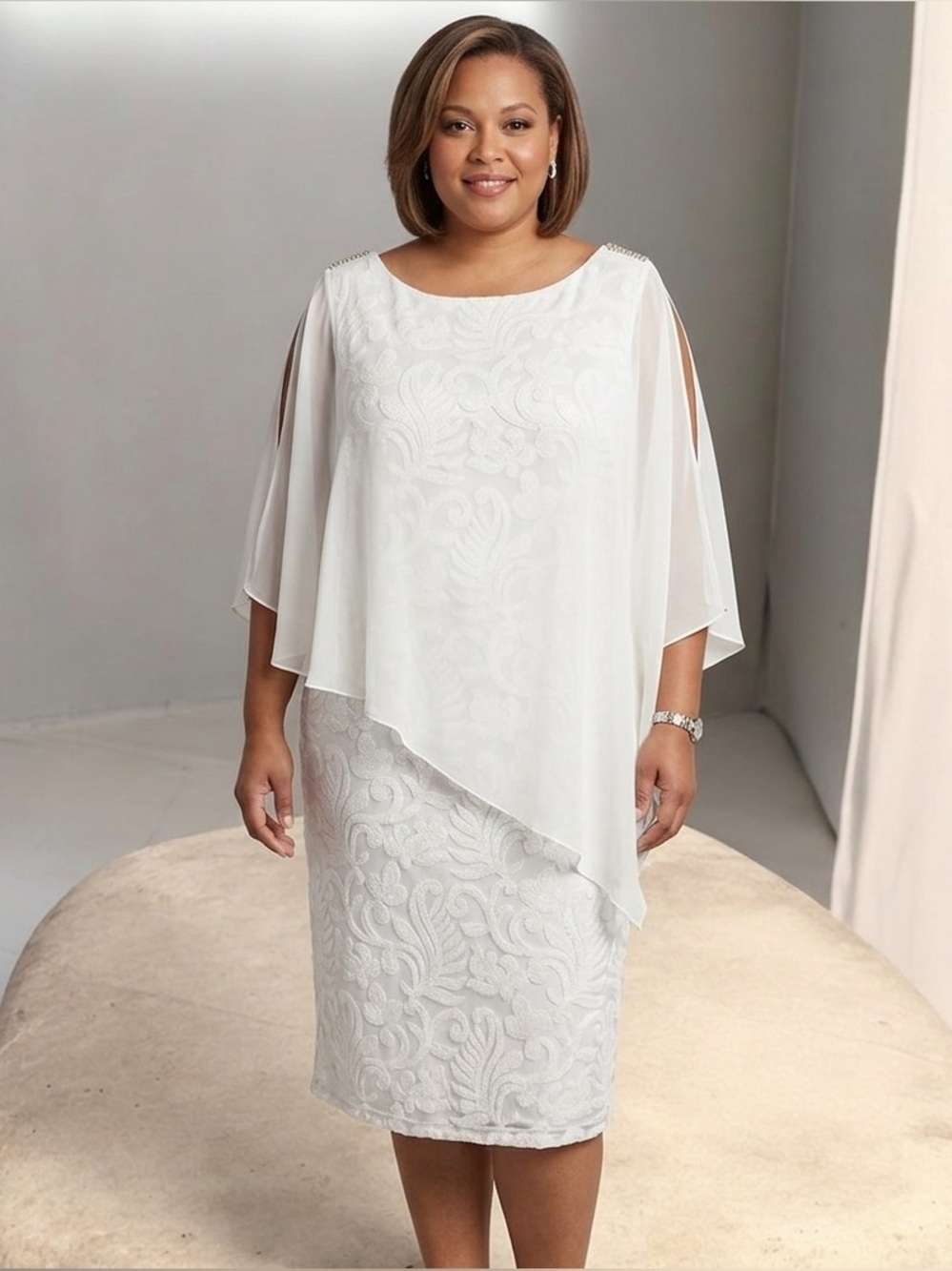 STUDIO ONE NEW YORK Sleeveless Ivory Chiffon Overlay Embellished Lace Dress
